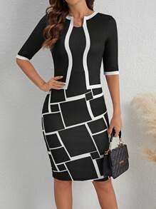 SHEIN Clasi 幾何圖案兩件式連身裙 - 黑與白 - 查看 5