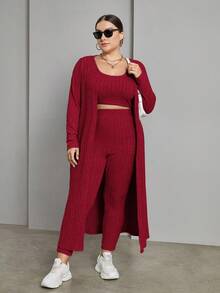 SHEIN Essnce Plus Size Solid Color Ribbed Knit Set - Burgundy - View 4