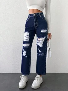 EURMUSE High Waist Ripped Straight Leg Jeans - Blue - View 4
