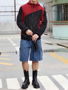 Manfinity Homme Nam màu trơn Dây kéo Hoodie Với Tương phản Màu sắc Thiết kế - Đỏ - Xem 4