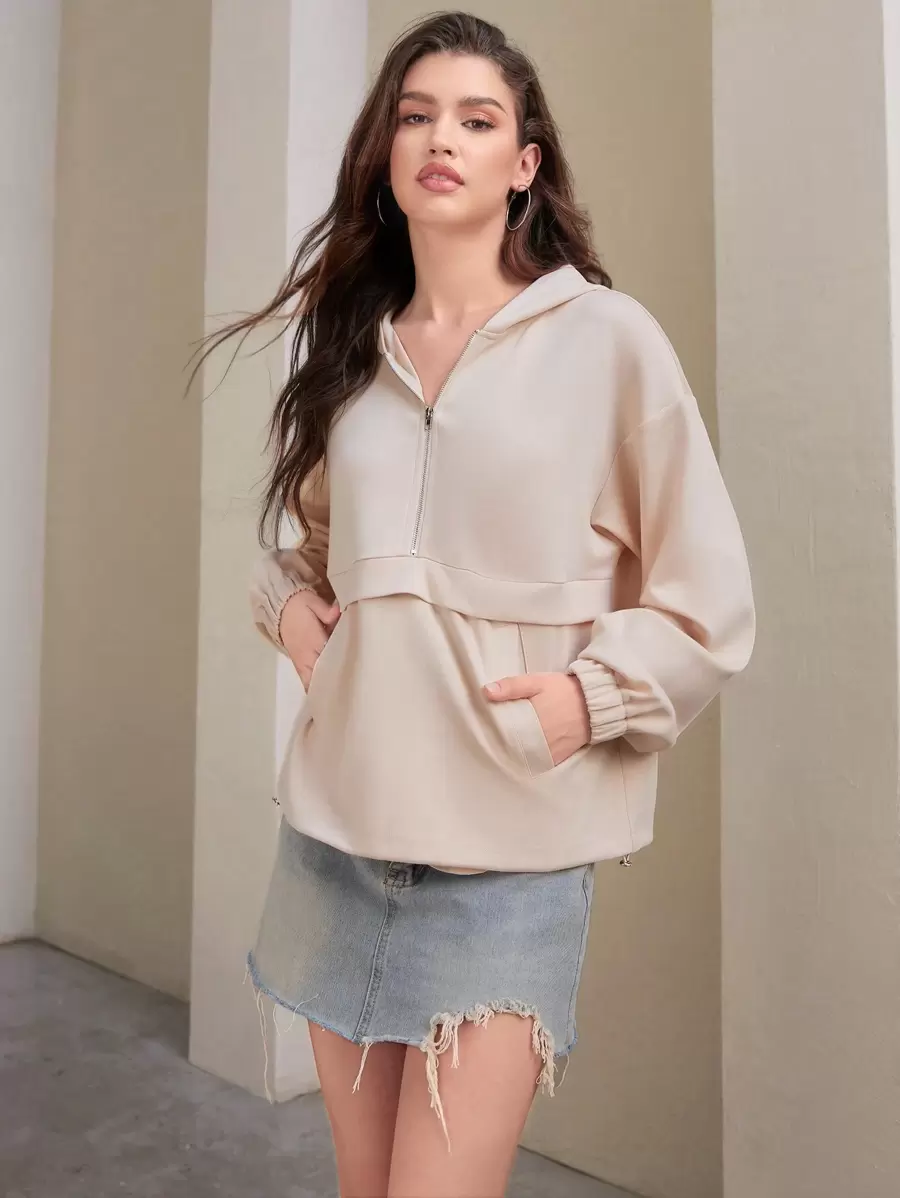SHEIN Unity Kangaroo Pocket Zipper Hooded Sweatshirt With Half Zip Closure - Apricot - View 1