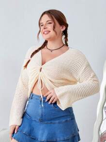 SHEIN EZwear 大尺碼純色束口落肩短款毛衣 - 杏色 - 查看 5