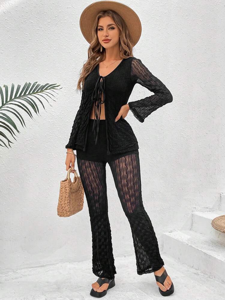 Women's Front Tie Long Sleeve Top And Sheer Mesh Pants Two-piece Set