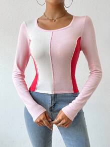 Chiquease Contrast Color Long Sleeve Knit Pullover Fall Winter Sweater - Pink - View 1