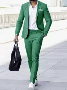 SHEIN Manfinity Mode Men's Single-breasted Suit Jacket With Lapel Collar And Suit Pants - Green - View 1