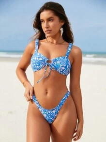 SHEIN Swim 夏日海滩碎花抽绳比基尼套装 - 彩色 - 查看 3