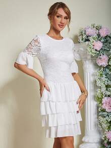 Eilly Bazar Patchwork Spitze Rüschen Saum Swing-kleid - Weiss - Übersicht 4