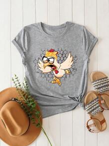 SHEIN LUNE Của phụ nữ Hoạt hình In Ngắn tay Áo thun - Màu Xám nhạt - Xem 1