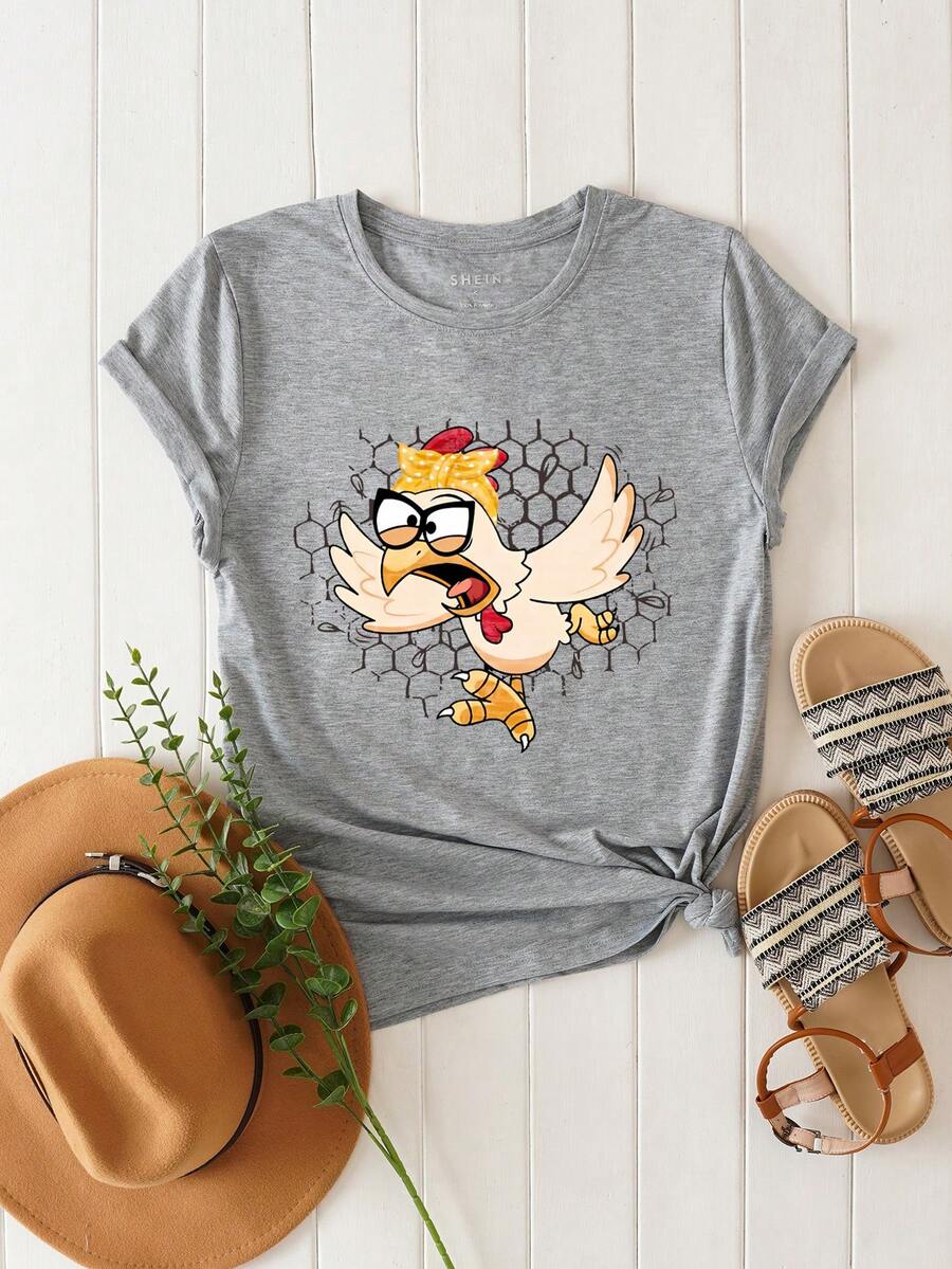 SHEIN LUNE Của phụ nữ Hoạt hình In Ngắn tay Áo thun - Màu Xám nhạt - Xem 1