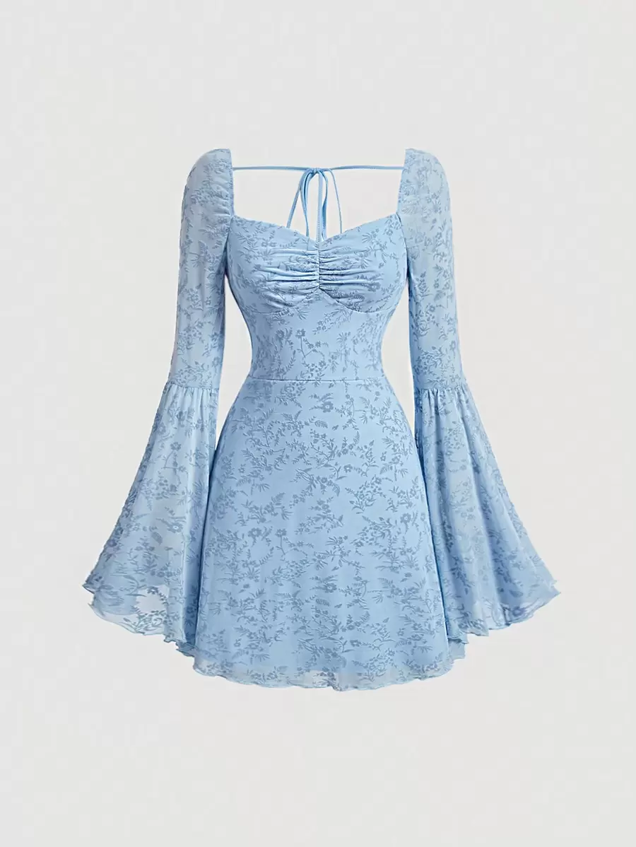 SHEIN MOD Ladies' Printed Sweetheart Neck Back Strap Dress With Small Flowers - Blue - View 1