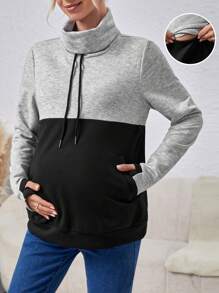 SHEIN Maternity Turtleneck Contrast Color Nursing Pullover - Grey - View 1
