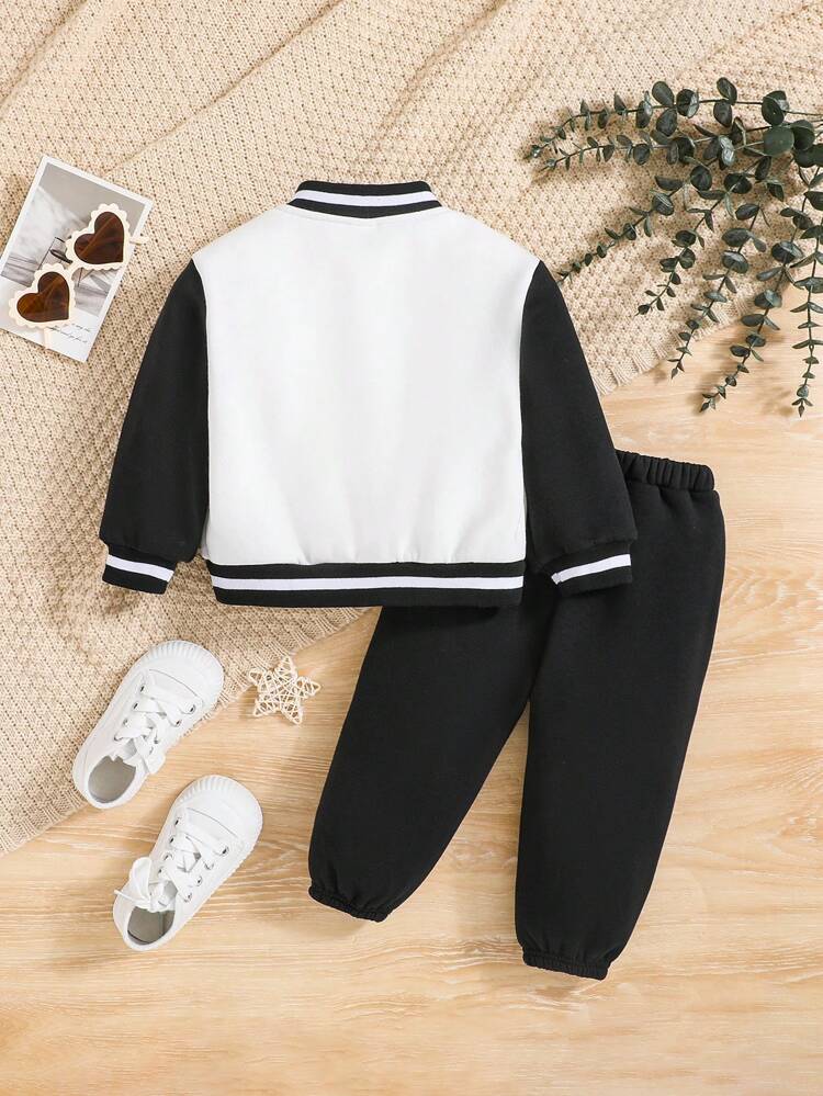 Baby Girls' Casual Street Style Color Block Baseball Jacket & Elastic Waist Pants Set