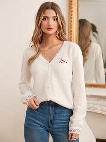 SHEIN Frenchy 休閒女裝打底衫,帶蕾絲邊和珍珠鈕扣,情人節毛衣 - 粉色 - 查看 3