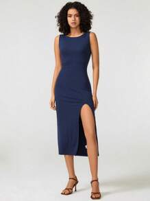 Cacao Bloom 设计师女士纯色开叉露背背心连衣裙，搭配短款上衣，适合度假、外出、节日 - 寶藍色 - 查看 5