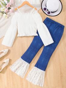 SHEIN 適用於青少年女孩的露肩上衣和喇叭褲套裝 - 白色 - 查看 2