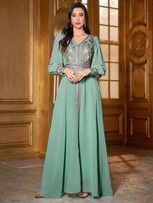 Elegant Floral Embroidery Patchwork Modest Long Sleeve Dress Kaftan Arabian Dress Spring Vacation - Mint Green - View 5