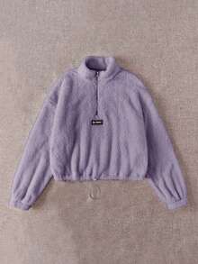 SHEIN EZwear 女式毛絨半拉鍊運動衫帶字母拼貼 - 紫丁香色 - 查看 5