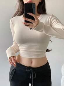 Camiseta de manga larga con cuello redondo y estampado de estrellas, ajuste slim para mujer, estilo Y2K - Albaricoque - Ver 6