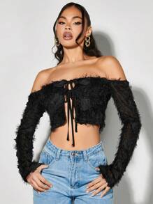 SHEIN BAE 浪漫毛絨花卉一字肩喇叭袖正面繫帶上衣 - 黑色 - 查看 5