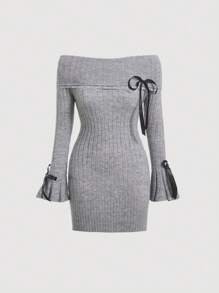 SHEIN MOD Solid Color Bow Knot Decor Off Shoulder Slim Fit Sweater Dress