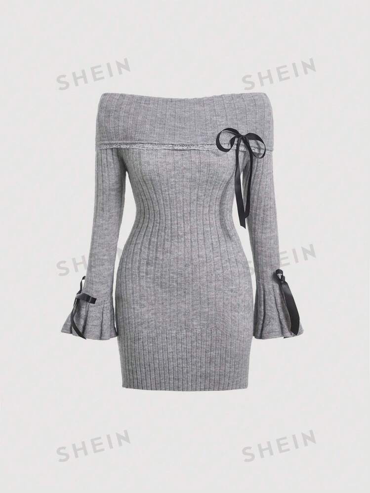 SHEIN MOD Solid Color Bow Knot Decor Off Shoulder Slim Fit Sweater 