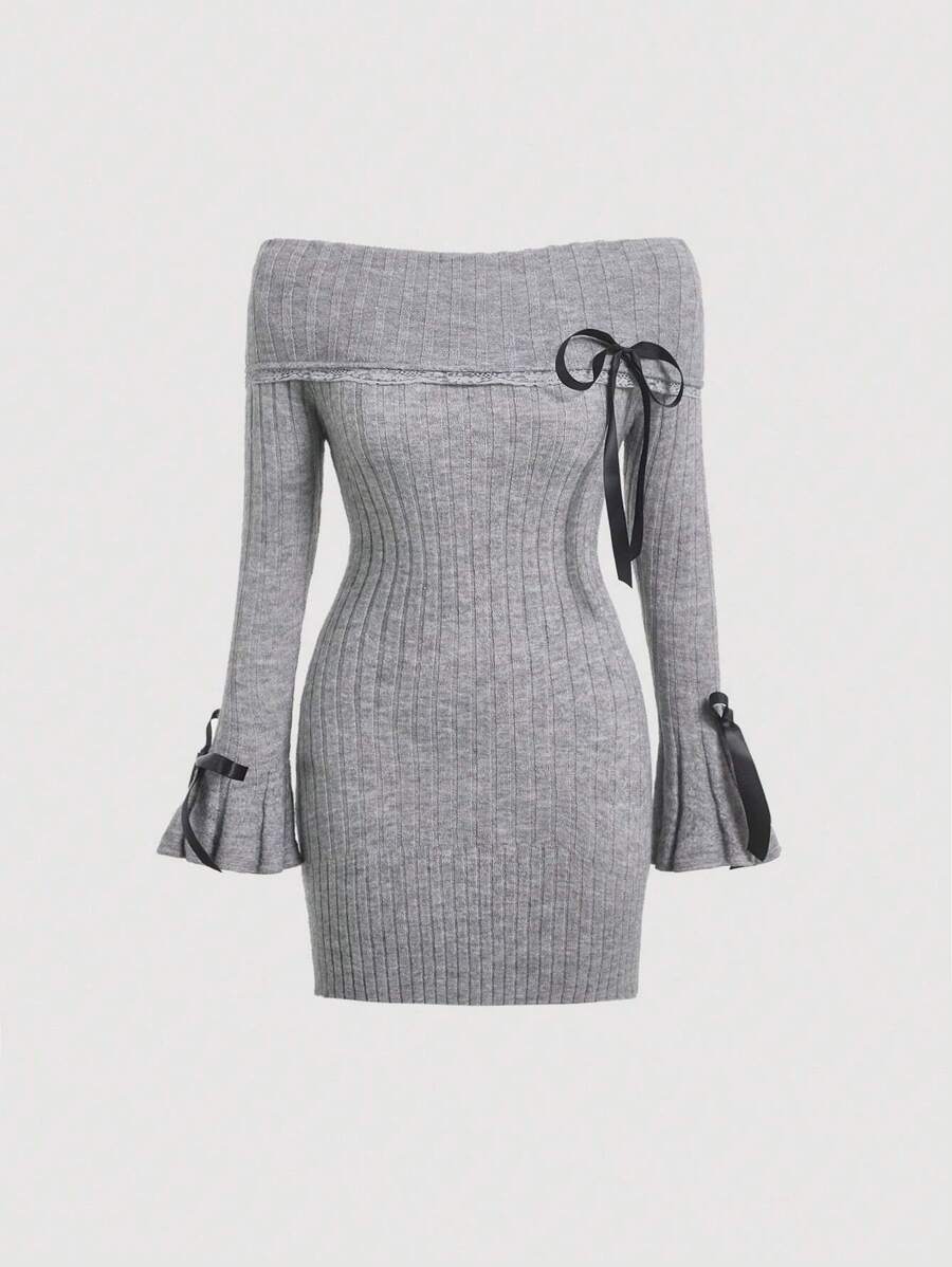 SHEIN MOD Solid Color Bow Knot Decor Off Shoulder Slim Fit Sweater Dress