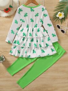 SHEIN Little Girls' Clover Pattern Printed Long Sleeve Top And Pants Set - Green - View 2