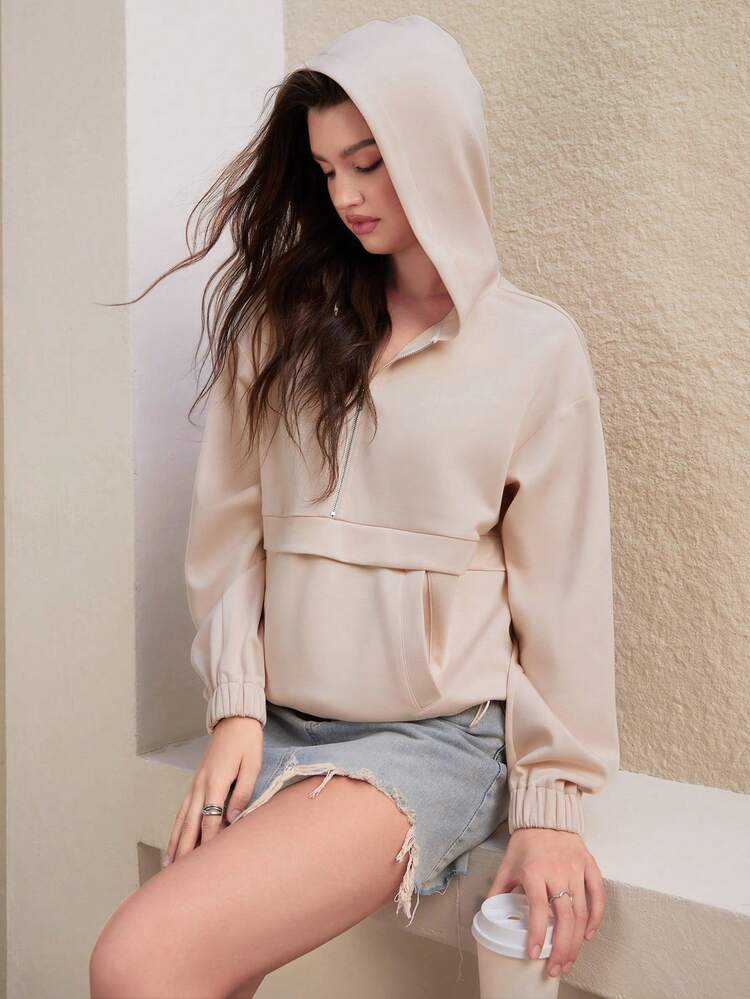 Kangaroo Pocket Zipper Hooded Sweatshirt With Half Zip Closure