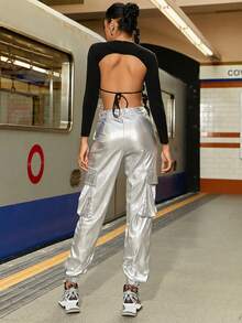 Rave Đường phố Kim loại Cao eo Túi nắp bên cạnh Hem đàn hồi Cargo Quần Chạy bộ - Bạc - Xem 2