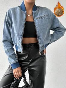 RueChic Women's Baseball Collar Cropped Denim Jacket - Medium Wash - View 1