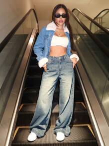 SHEIN ICON Jeans de talle alto de pierna ancha - Azul lavado oscuro - Ver 6