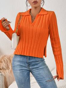 SHEIN Essnce 純色拼接毛衣 - 橘色 - 查看 5