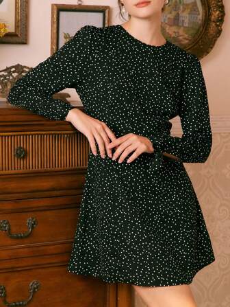 Vestido De Manga Larga Con Estampado De Lunares