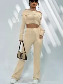 SHEIN Unity Conjunto De Dos Piezas De Pantalón Largo Y Top De Manga Larga Con Hombros Descubiertos Lisos - Albaricoque - Ver 1