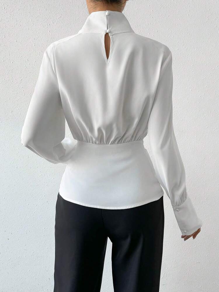 High Collar Knotted Front Solid Color Top