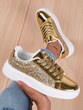 Fall/Winter Women's Casual Sports Shoes, Fashionable All-Match Shiny Surface Women's Shoes, Comfortable And Lightweight Skate Shoes,Sneakers For Women