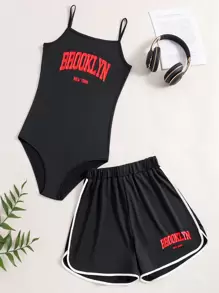 Sparklyn Teen Girls' Letter Print Tank Jumpsuit And Shorts Set