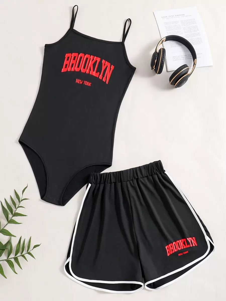 Sparklyn Teen Girls' Letter Print Tank Jumpsuit And Shorts Set