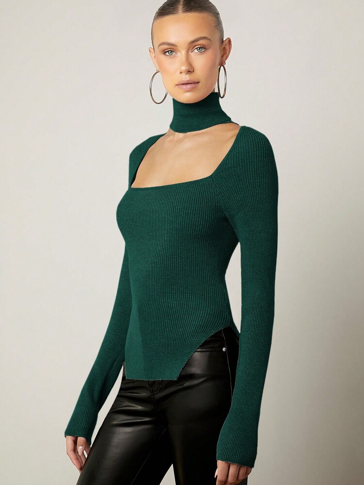 SHEIN Privé 女士純色高領鉸鏈不對稱毛衣 - 綠色 - 查看 3