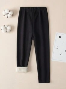 Leggings con forro térmico con estampado lindo de unicornio para niñas, cintura elástica, pantalones cálidos - Negro - Ver 2