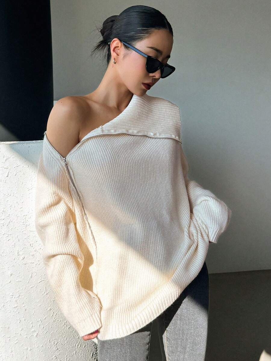 DAZY 不对称肩部拉链开衫，秋季女装 - 杏色 - 查看 1