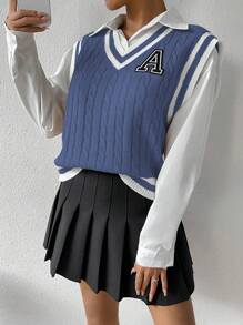 SHEIN Qutie 女士字母拼接毛衣背心 - 霧霾藍 - 查看 3