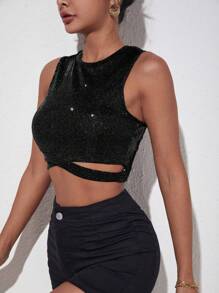 SHEIN Privé Lung linh Quần skinny Áo ba lỗ Với Thánh giá Hem - màu đen - Xem 3