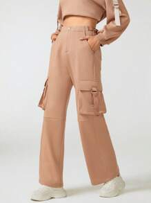 Cacao Bloom 设计师品牌女款纯色翻盖口袋运动裤，秋季，适合秋冬季，假日 - 卡其色 - 查看 3