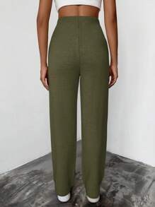 EURMUSE Solid Wide Leg Knit Pants - Dark Green - View 2