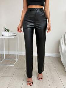 EURMUSE Straight Leg Pu High Waisted Pants - Black - View 2