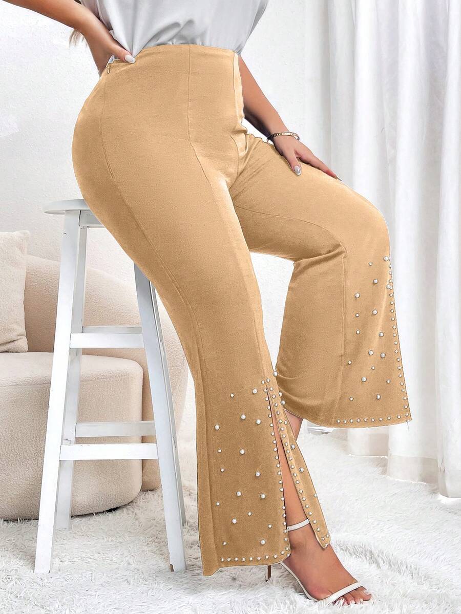 SHEIN Privé Pantaloni Da Donna Con Orlo Svasato E Fessura Con Perline Taglie Forti - Cachi - Visualizzare 1