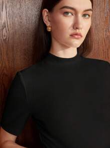 BizChic Women's Solid Color Stand Collar Mid-Sleeve T-Shirt, Business Casual Outfit, Suitable For Teachers, Office, School, Outings, Basic Top, Vintage Style