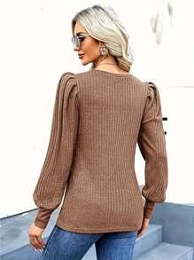 INAWLY Puff Sleeve Ribbed Striped T-shirt - Brown - View 2