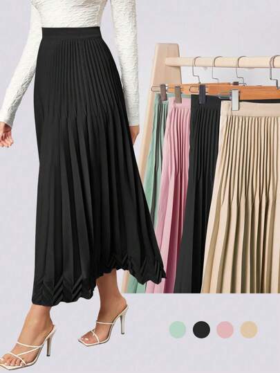 BizChic Women's High Waist Satin Pleated Long Skirt, Minimalist Elegant Office Commuter Uniform, Suitable For Work, Business Casual, Teacher